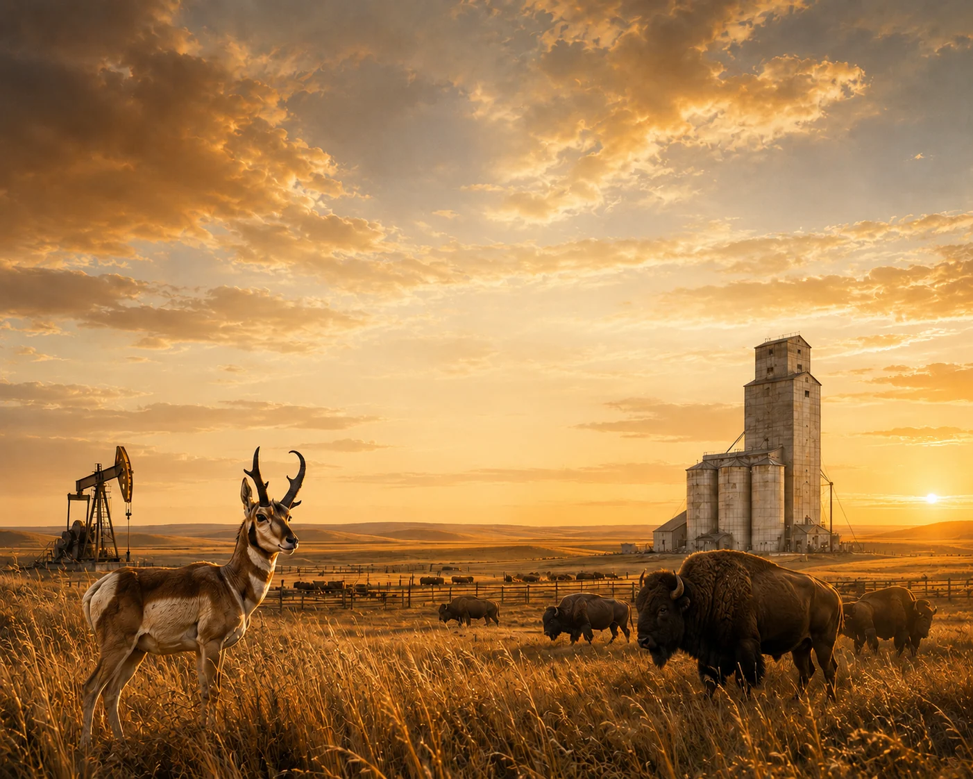 Prairie sunset with wildlife, grain elevator and oil pumpjack